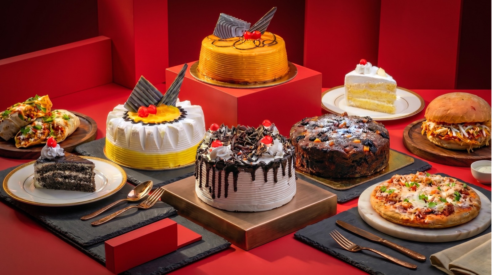 Four whole cakes on a red counter, iced in cream, chocolate and yellow, with cut slices, a chicken burger and a small pizza around them