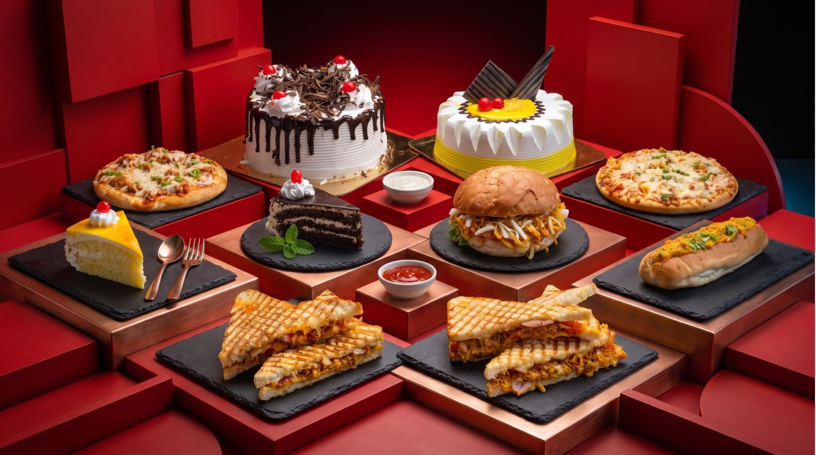 Two small pizzas, a chicken burger, toasted sandwiches, garlic bread and two cakes laid out on slate boards