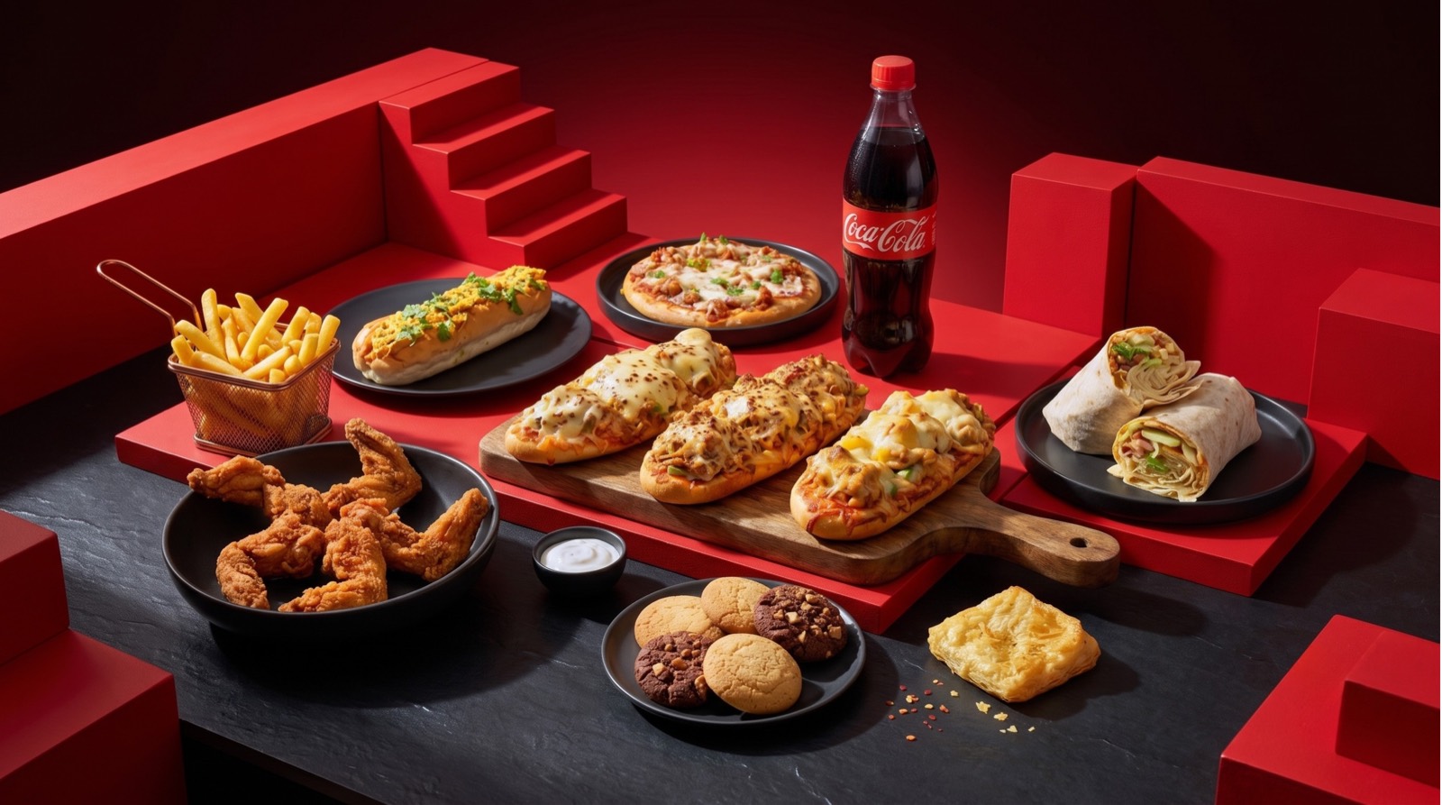 Fried chicken, a basket of chips, cheese-topped garlic breads, a small pizza, wraps, cookies and a puff pastry