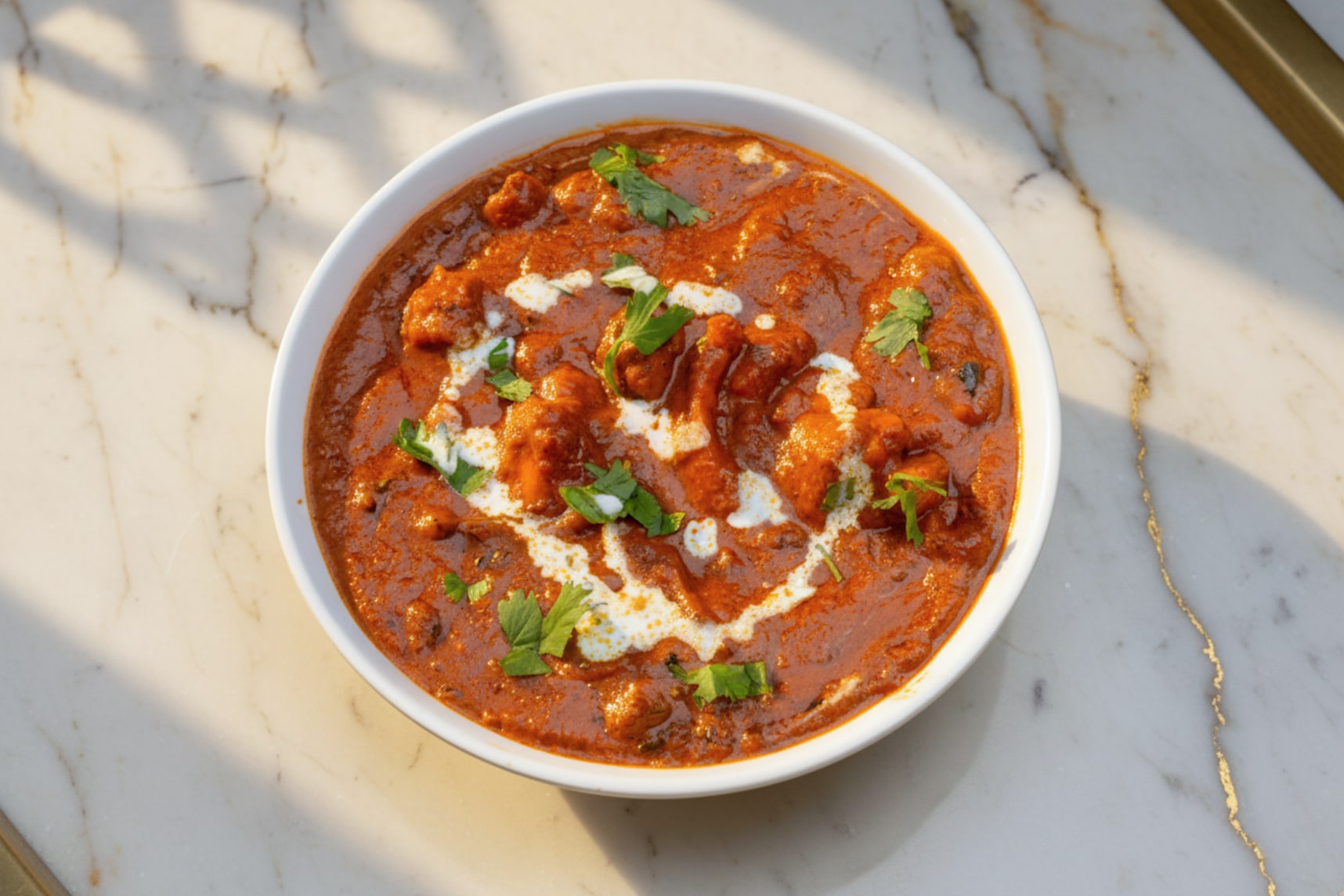 Butter chicken in a steel bowl, cream swirled over the top