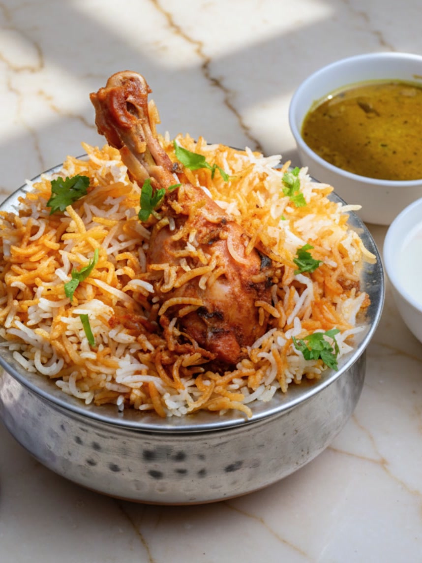 A Single chicken biryani, a plate full for one person