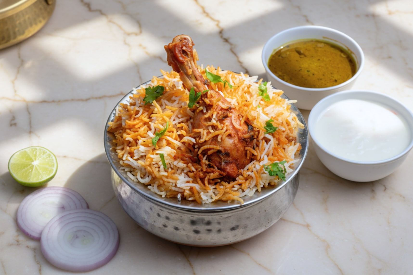 A single chicken biryani in a steel handi, a leg piece standing in the rice, with salan, raita, lime and sliced onion beside it