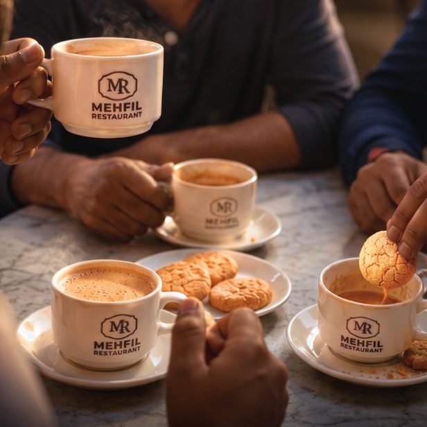 Four cups of Mehfil Irani chai on a marble table with biscuits between them