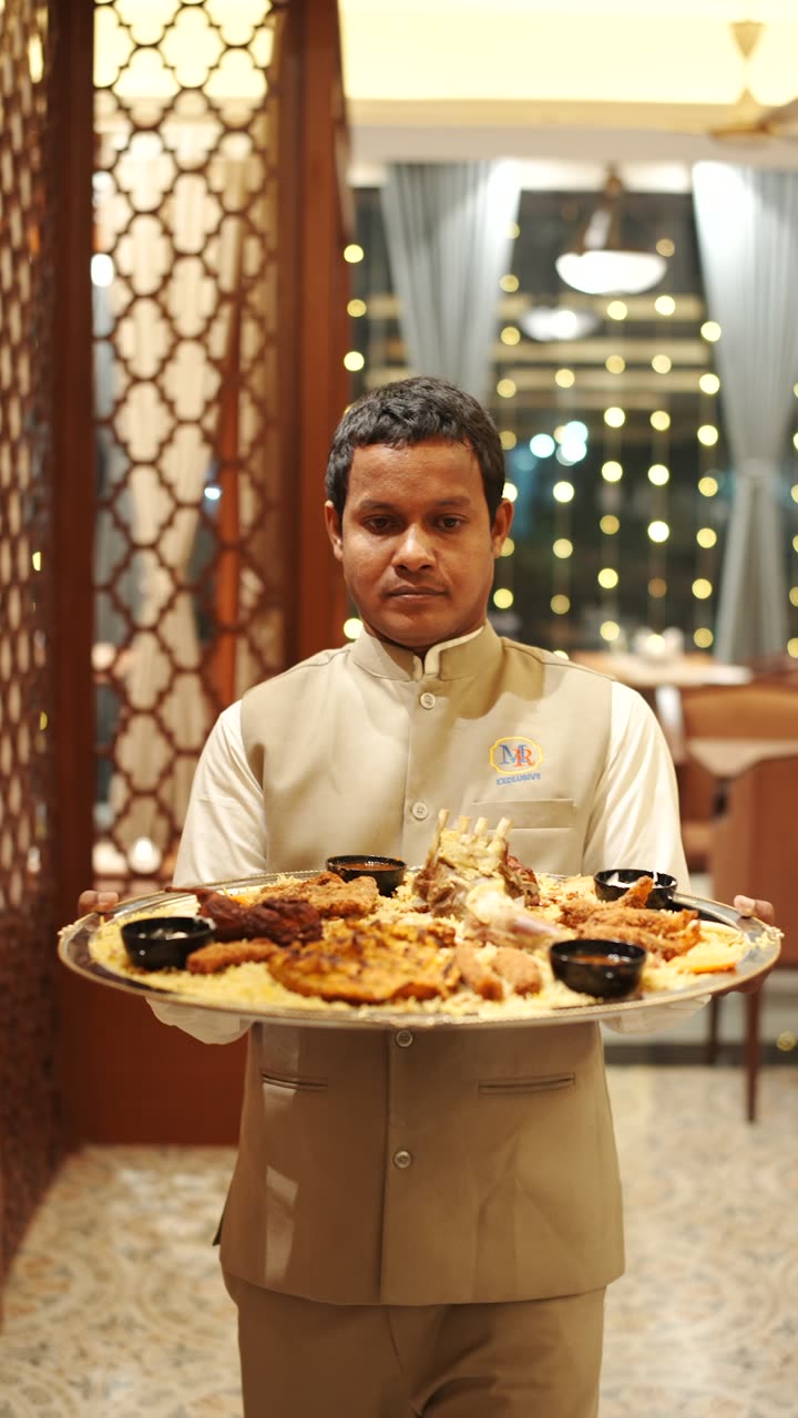 A member of staff carrying a large platter of mandi through the dining room