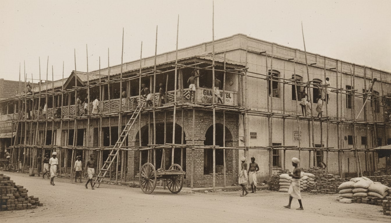 A recreation of Grand Hotel in Abids being built in 1935, with bamboo scaffolding and workers