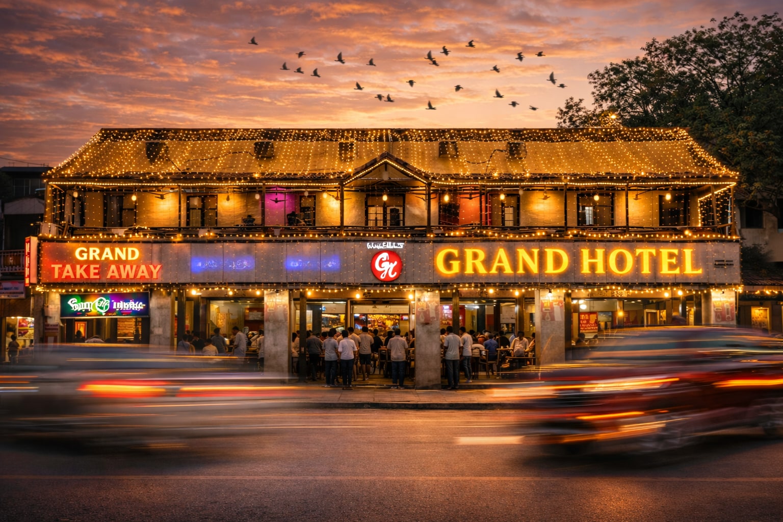 The historic Grand Hotel in Abids today, its frontage lit at dusk
